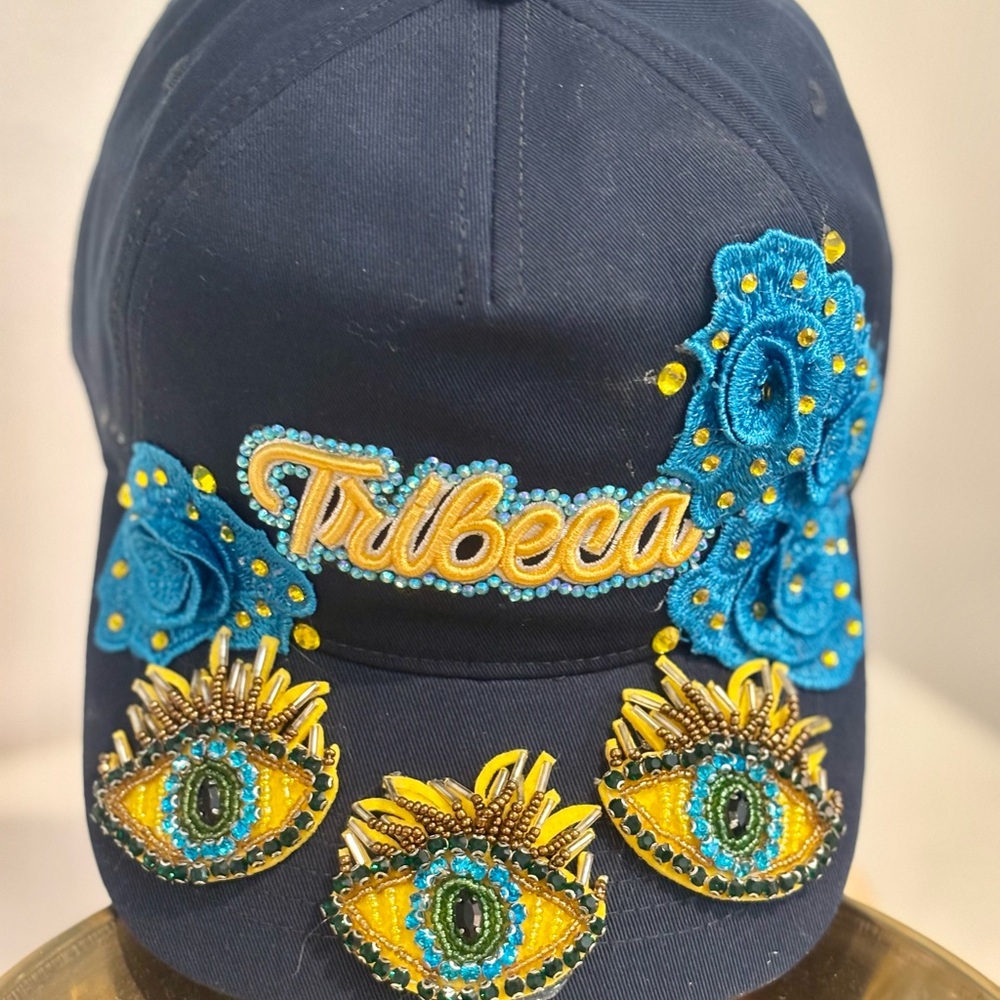 Blue Embellished Hat with Intricate Beadwork
